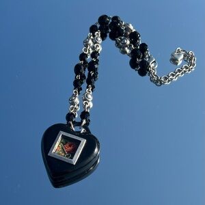 Black Heart Beaded Rosary Necklace